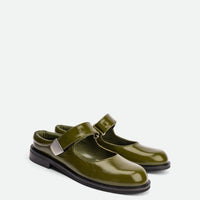 Maris Green Crinkled Patent Leather Mules - Angled Side View - POEVE Collection