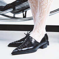 Kaley Black Leather Pointed-toe lace-up flat - Shot on foot - POEVE Collection
