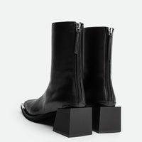 Nora Black Leather Heel Ankle Boots with Metal Detail - Back View - POEVE Collection