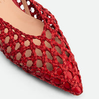 Fannie Red Vegan Hand-Woven Leather Slingback Sandals - Toe Close-up View - POEVE Collection
