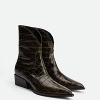 Dallas Dark Green Croc-Embossed Leather Ankle Boots – Angled View – POEVE Collection