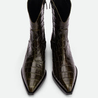 Dallas Dark Green Croc-Embossed Leather Ankle Boots – Top View – POEVE Collection