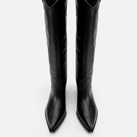 Macy Black Leather Tall Boots – Front View – POEVE Collection
