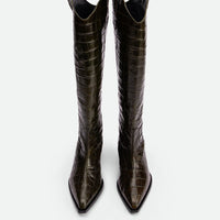 Macy Dark Green Croco-Print Leather Tall Boots – Front View – POEVE Collection