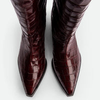 Macy Brick Red Croco-Print Leather Tall Boots – Top View – POEVE Collection