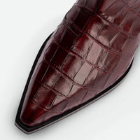 Macy Brick Red Croco-Print Leather Tall Boots – Toe Close-Up View – POEVE Collection