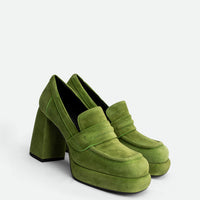 Zery Green Suede Heel Loafers – Angled Side View – POEVE Collection