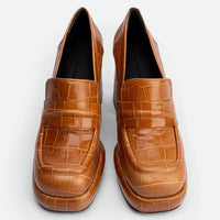 Zery Caramel Croco Print Leather Heel Loafers – Top View – POEVE Collection