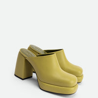 Marla Green Leather Heel Mules - Angled Side View - POEVE Collection