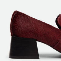 Noemi Bordeaux Hairy Leather Heel Loafers - Heel View - POEVE Collection