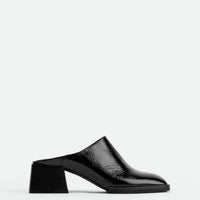 Robin Black Crinkled Patent Leather Heel Mules - Side View - POEVE Collection
