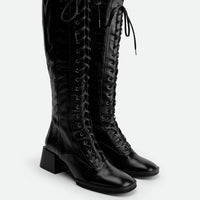Briar Black Crinkled Glossy Leather Tall Boots – Angled View – POEVE Collection