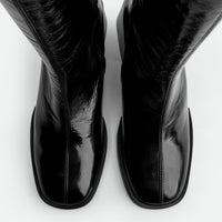 Noelia Black Crinkled Patent Leather Tall Boots - Top View - POEVE Collection