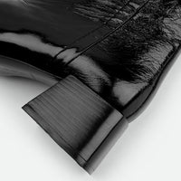 Noelia Black Crinkled Patent Leather Tall Boots - Heel Detail View - POEVE Collection