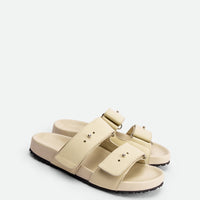 Breeze Beige Leather Mules with Adjustable Straps - Angled Side View - POEVE Collection