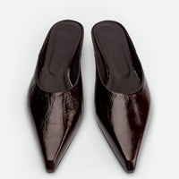 Faye Brown Crinkled Patent Leather Mules - Top View - POEVE Collection