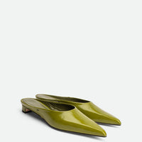 Faye Green Crinkled Patent Leather Mules - Angled Side View - POEVE Collection