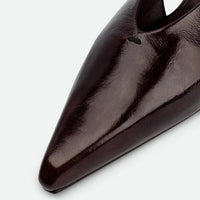 Seline Brown Crinkled Patent Leather Slingbacks - Toe Close-up View - POEVE Collection