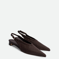 Rhea Brown Woven Leather Slingback Pumps - Angled Side View - POEVE Collection
