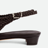 Rhea Brown Woven Leather Slingback Pumps - Close-up Buckle and Heel - POEVE Collection