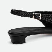 Rhea Black Woven Leather Slingback Pumps - Buckle and Heel Close-up View - POEVE Collection