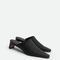 Sable Black Hand-Woven Leather Heel Mules - Angled Side View - POEVE Collection