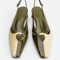 Marigold Green and Cream Crinkled Patent Leather Heel Slingbacks - Top View - POEVE Collection