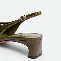 Marigold Green and Cream Crinkled Patent Leather Heel Slingbacks - Heel Close-up View - POEVE Collection