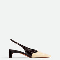 Marigold Brown and Cream Crinkled Patent Leather Heel Slingbacks - Side View - POEVE Collection