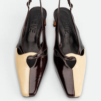 Marigold Brown and Cream Crinkled Patent Leather Heel Slingbacks - Top View - POEVE Collection