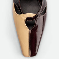 Marigold Brown and Cream Crinkled Patent Leather Heel Slingbacks - Toe Close-up View - POEVE Collection