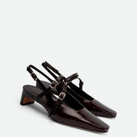 Harper Brown Patent Leather Heel Slingbacks - Angled Side View - POEVE Collection