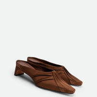 Marina Brown Satin Mules - Angled Side View - POEVE Collection
