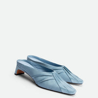 Marina Azure Satin Mules - Angled Side View - POEVE Collection