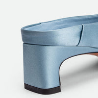 Marina Azure Satin Mules - Heel Close-up View - POEVE Collection