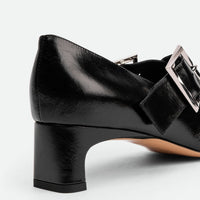 Maeve Black Crinkled Glossy Leather Low Heel Pumps – Back View – POEVE Collection