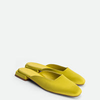 Bonnie Lime Satin Mules - Angled Side View - POEVE Collection