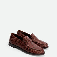 Maverick Brown Hand-Woven Leather Loafers - Angled Side View - POEVE Collection