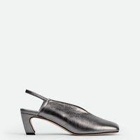 Elisa Silver Crinkled Vintage-effect Laminated Leather Heel Slingbacks - Side View - POEVE Collection