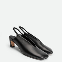 Elisa Black Leather Heel Slingbacks - Angled Side View - POEVE Collection
