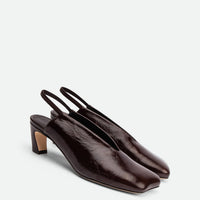 Elisa Brown Crinkled Patent Leather Heel Slingbacks - Angled Side View - POEVE Collection