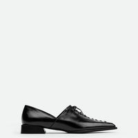 Kaley Black Leather Pointed-toe lace-up flat - Side View - POEVE Collection