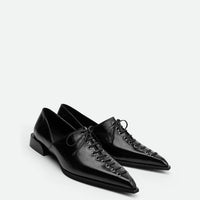Kaley Black Leather Pointed-toe lace-up flat - Angled Side View - POEVE Collection