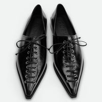 Kaley Black Leather Pointed-toe lace-up flat - Top View - POEVE Collection