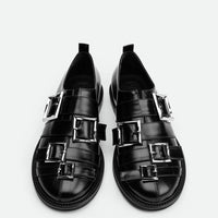 Mira Black Brushed Leather Flat Shoes – Top View – POEVE Collection