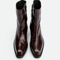 Elow Dark Brown Crinkled Glossy Leather Ankle Boots – Top View – POEVE Collection