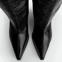 Auree Black Crinkled Glossy Leather Knee-High Boots – Top View – POEVE Collection