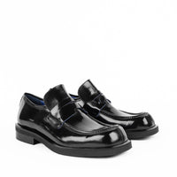 Newton Black Brushed Leather Loafers - Angled Side View - POEVE Collection