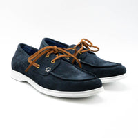Albert Blue Crust Leather Lace-up Boat Shoes - Three-Quarters View - POEVE Collection