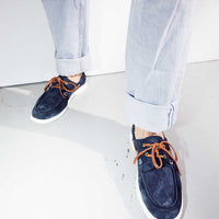 Albert Blue Crust Leather Lace-up Boat Shoes, styled with cuffed light-wash denim - POEVE Collection